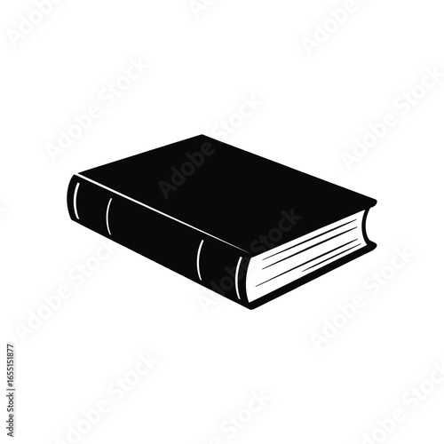black vector silhouette of a closed hardcover book lying flat, visible spine and cover edges, simple bold shape with clean lines, flat vector style, centered on white background