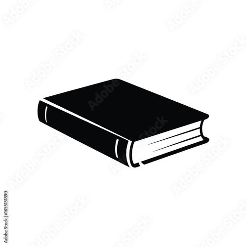 black vector silhouette of a closed hardcover book lying flat, visible spine and cover edges, simple bold shape with clean lines, flat vector style, centered on white background