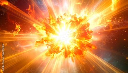 A powerful explosion radiates outward, illuminating a fiery celestial event in space.
