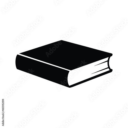 black vector silhouette of a closed hardcover book lying flat, visible spine and cover edges, simple bold shape with clean lines, flat vector style, centered on white background