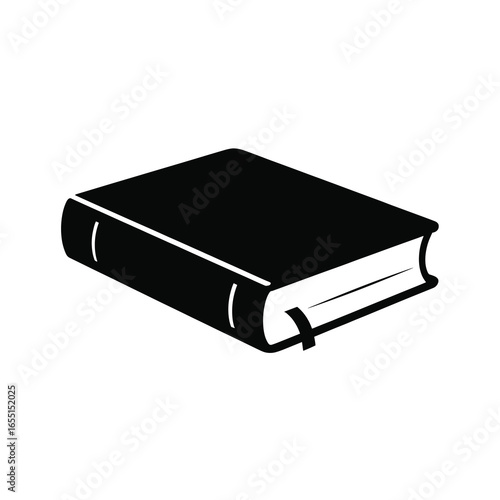 black vector silhouette of a closed hardcover book lying flat, visible spine and cover edges, simple bold shape with clean lines, flat vector style, centered on white background