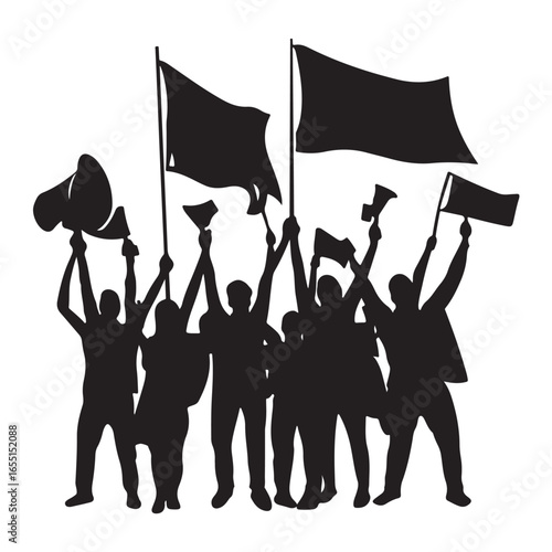 Crowd of people with raised fists and flags protesting or celebrating together
