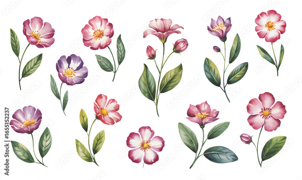 Obraz premium Wild rose blossom collection in soft watercolor.