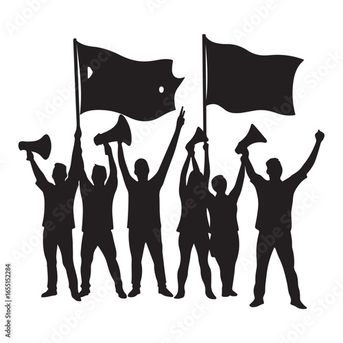 Crowd of people with raised fists and flags protesting or celebrating together