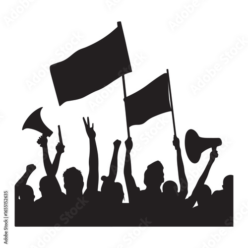 Crowd of people with raised fists and flags protesting or celebrating together