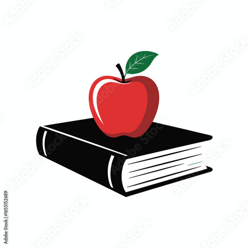 black vector silhouette of a closed hardcover book with a neatly stacked apple on top, apple with a single leaf