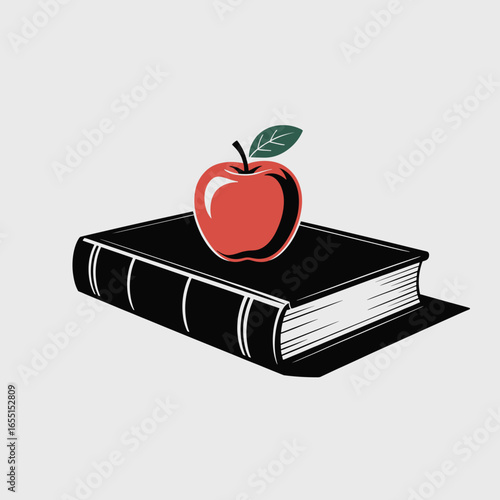 black vector silhouette of a closed hardcover book with a neatly stacked apple on top, apple with a single leaf