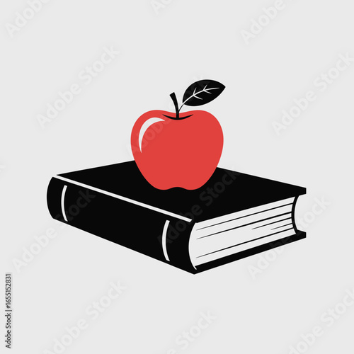 black vector silhouette of a closed hardcover book with a neatly stacked apple on top, apple with a single leaf