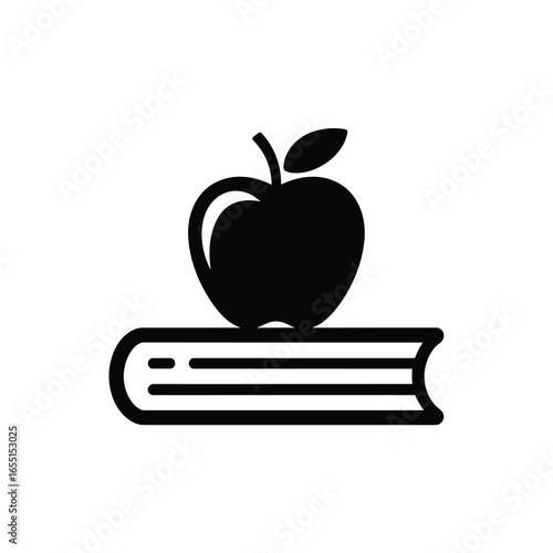 black vector silhouette of a closed hardcover book with a neatly stacked apple on top, apple with a single leaf