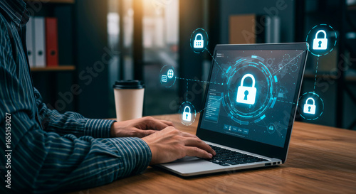 Man working on laptop with cyber security icons. Concept of data protection and digital network security