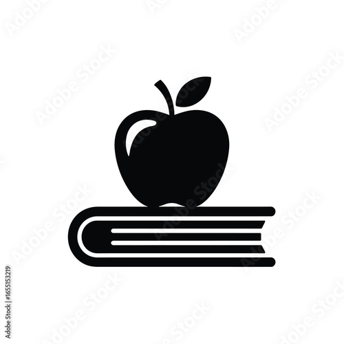 black vector silhouette of a closed hardcover book with a neatly stacked apple on top, apple with a single leaf
