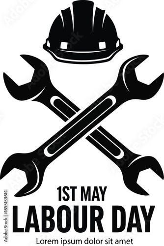 Industrial Labour Day emblem with hard hat and crossed wrenches, 1st May worker celebration logo, black construction tools vector illustration