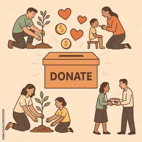 Global charity and support emblem with earth and helping hands