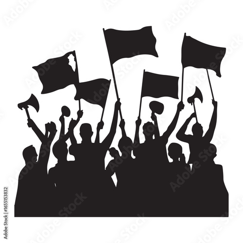 Crowd of people with raised fists and flags protesting or celebrating together