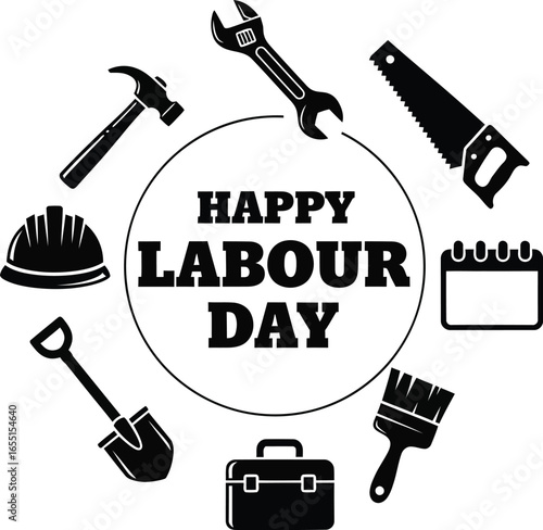 Vector art of happy labour day with tools and calendar