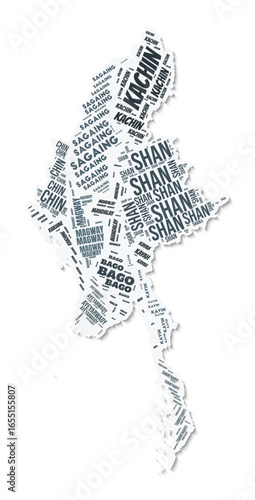 Myanmar shape text cloud. Country border with shadow on white background. Myanmar with regions division in vintage gazette style. Modern vector illustration.
