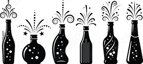 Vector art of collection of champagne bottles with celebratory bursts