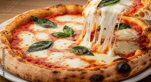Authentic Neapolitan Margherita Pizza with a Dramatic, Stretching Mozzarella Cheese Pull