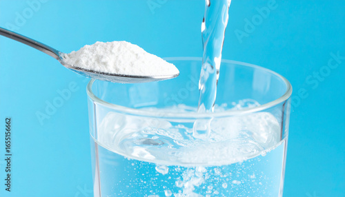 White medical powder dissolving in glass of clear water. Cold, flu and pain relief. Vitamin C.