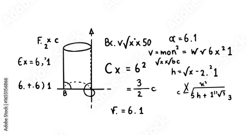 Handdrawn black ink sketch of a cylinder diagram and complex mathematical equations and formulas.