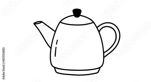 Handdrawn black outline illustration of a cute rounded teapot with a lid spout and handle.