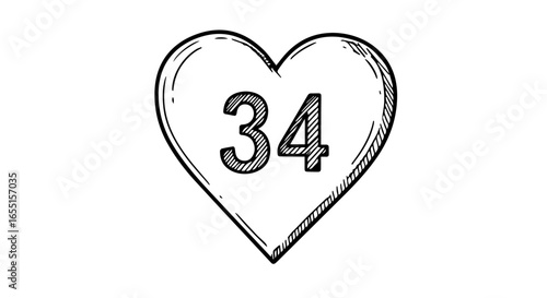 Handdrawn heart symbol with the number thirtyfour featuring a simple sketch style and hatched shading.