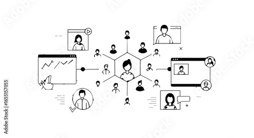 Handdrawn infographic of a digital social network showing interconnected user profiles charts and video calls.