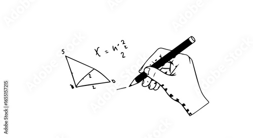 Handdrawn sketch of a hand holding a pen solving a geometry problem with a triangle and formula.