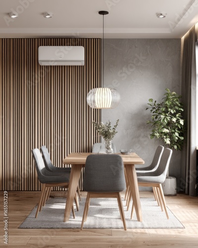 Modern dining room with light wood, gray chairs