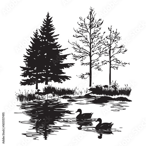 Mountains and trees encircle a misty body of water. Generative 