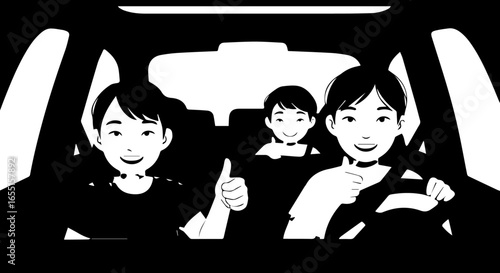 Happy family of three on a car road trip a black and white graphic illustration of smiling people driving.