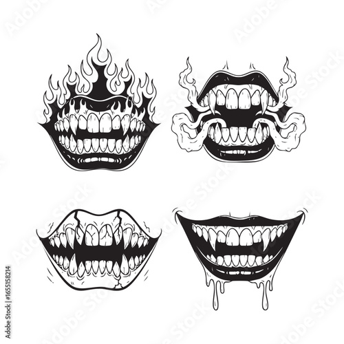 Vector art of a collection of four monstrous mouths with sharp teeth and fiery details, , creating a terrifying and surreal imagery