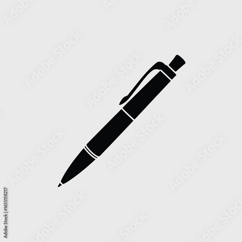 black vector silhouette of a sleek ballpoint pen with a pointed tip and visible clip