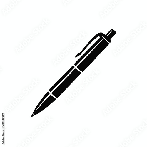 black vector silhouette of a sleek ballpoint pen with a pointed tip and visible clip