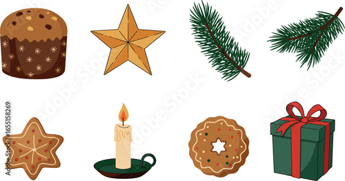 Christmas themed clip art set with panettone, star, pine branches, cookies, candle, and gift on transparent background