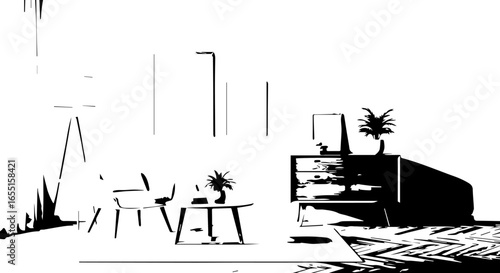 Highcontrast black and white graphic illustration of a minimalist room interior with furniture and plants.