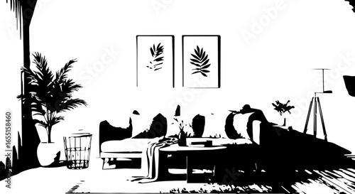 Highcontrast black and white graphic illustration of a modern living room interior 1.