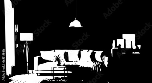 Highcontrast black and white graphic illustration of a modern living room with sofa and lamps.