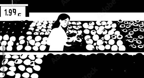 Highcontrast black and white graphic illustration of a woman selecting fresh produce at a market.