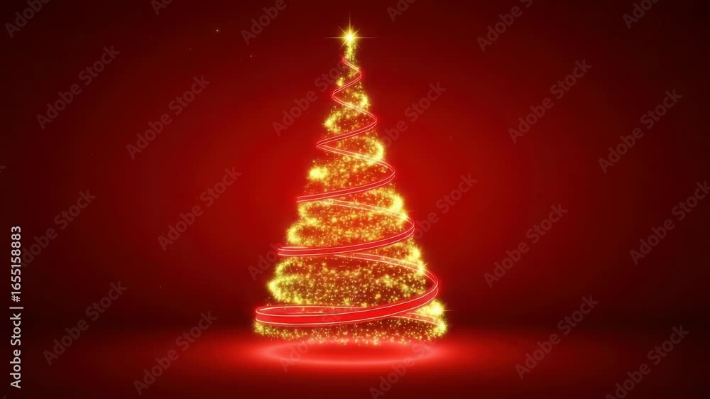 A magical christmas tree adorned with sparkling golden lights and a red ribbon, set against a deep red background with subtle glowing stars A magical christmas tree adorned with sparkling golden lights and a red ribbon, set against a deep red background with subtle glowing stars