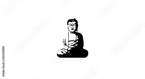 Highcontrast black and white graphic of a serene Buddha meditating in lotus pose.