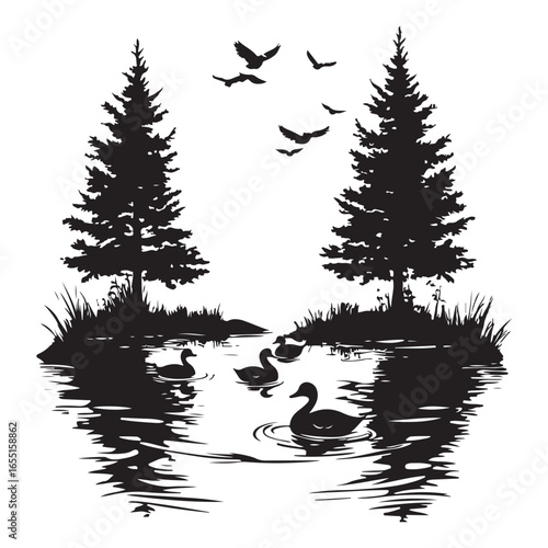 Mountains and trees encircle a misty body of water. Generative 