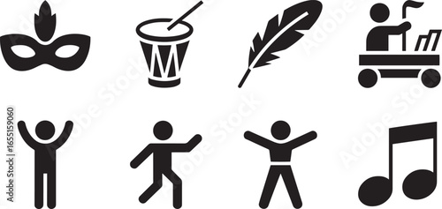 Carnival Parade Icons Set Depicting Festive Mask, Drum, Feather, Float, Dancing Figures, and Note