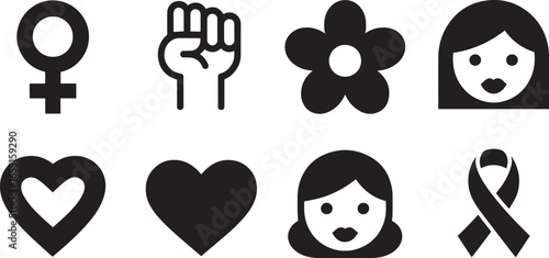 Feminist Icons Vector Set: Woman Symbol, Fist, Flower, Female Face, Heart, Ribbon, Empowerment