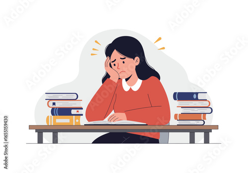 A stressed student woman sitting at a desk with books, looking sad and overwhelmed by her studies.
