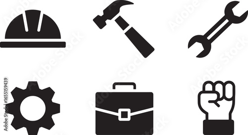 Labor Day Icons Vector Set: Hard Hat, Hammer, Wrench, Gear, Briefcase, Fist, Worker, Industry