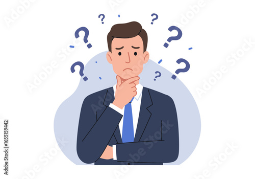 A businessman contemplates, surrounded by question marks, expressing uncertainty and thoughtfulness.