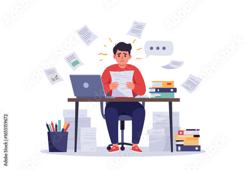 Overwhelmed businessman with too much paperwork at the desk in the office.