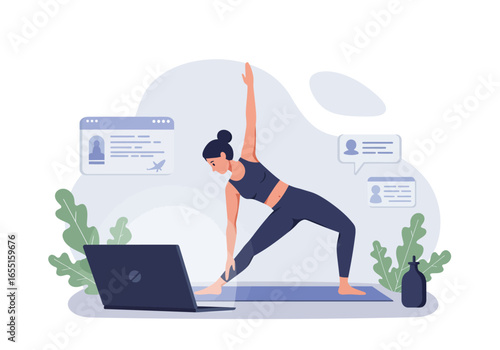 Woman practicing yoga online with a laptop, doing a triangle pose.