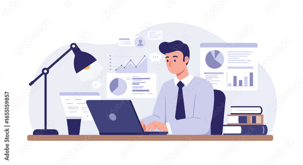 Fototapeta premium Man working on laptop with charts and graphs on screen in office.